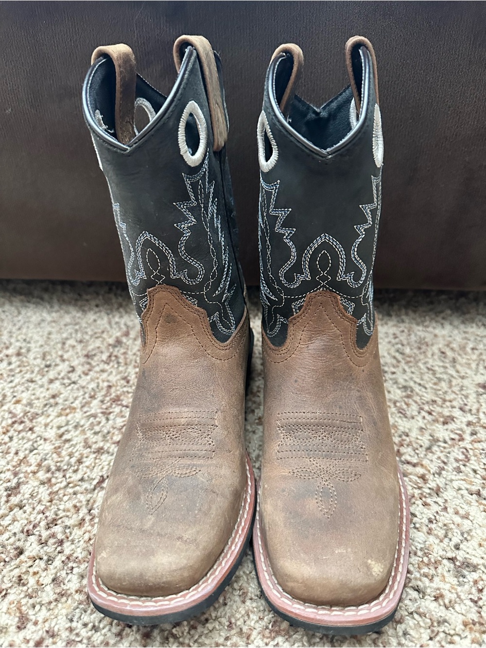 Kids’ Brown Leather Cowboy Boots with Black Embroidered Shaft
